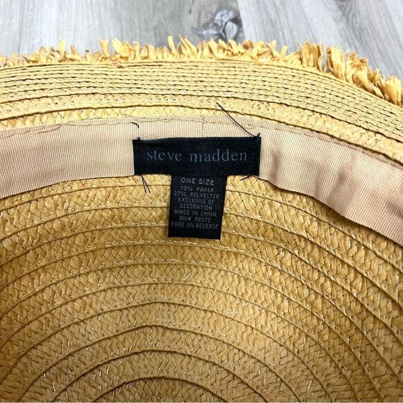 Steve Madden Sun Hat Women’s OS Tan Brown Straw Wide-Brim Floppy with Fringe - Picture 4 of 4